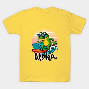 frog wears glasses, surfs and says aloha on the beach T-Shirt
